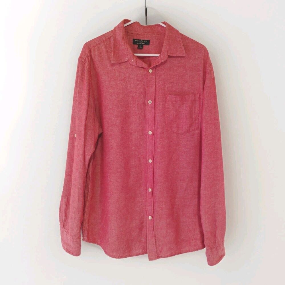 Banana Republic mens Linen Blend Standard Fit Button Down Casual Shirt L Red